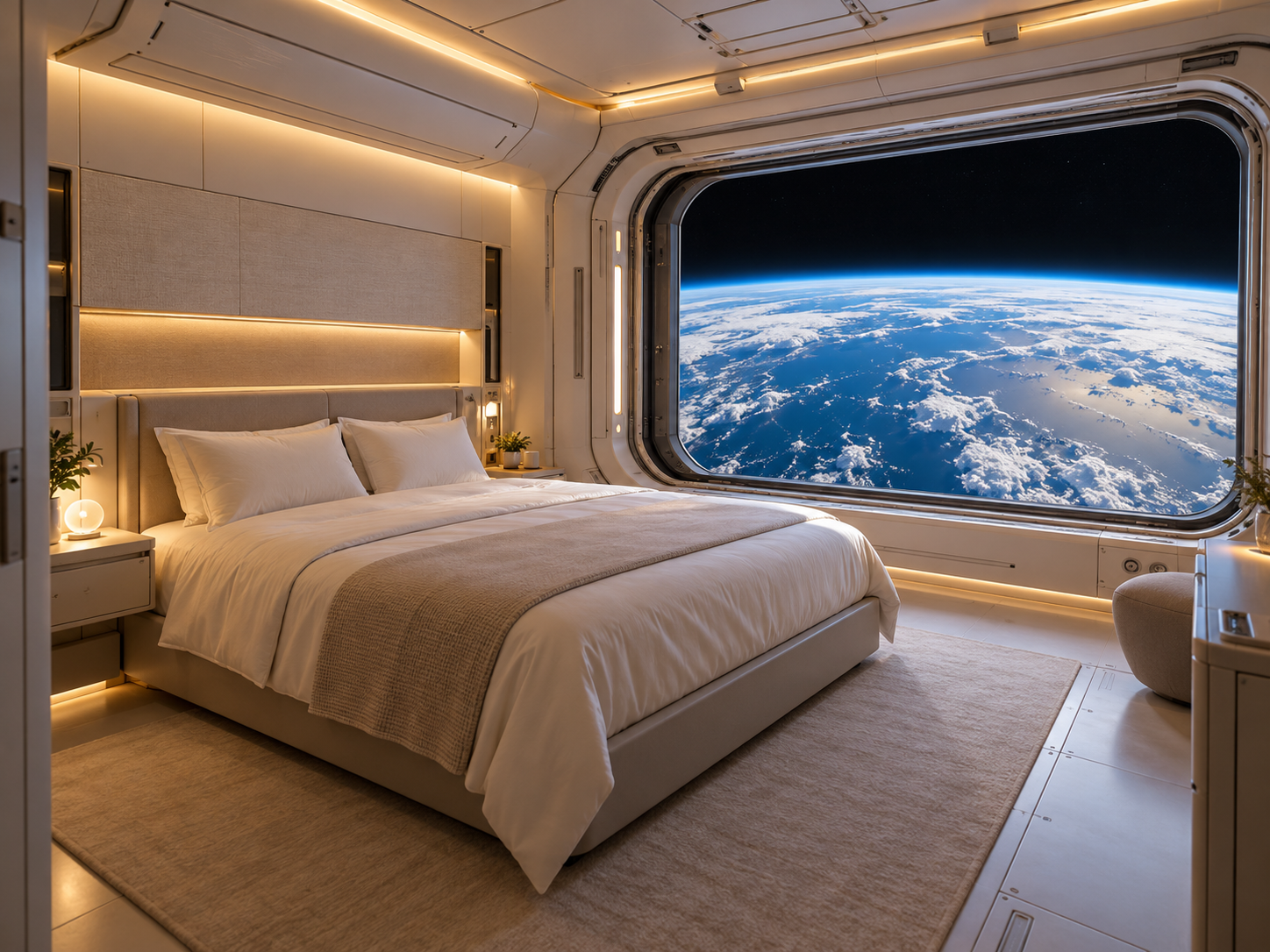 Illustration d’une chambre avec lit double et vue sur la Terre depuis une station spatiale