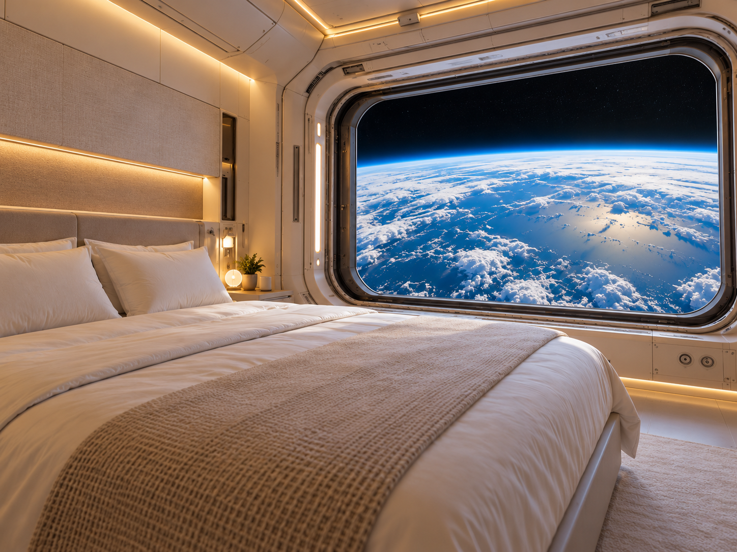 Illustration d’une chambre avec lit double et vue sur la Terre depuis une station spatiale
