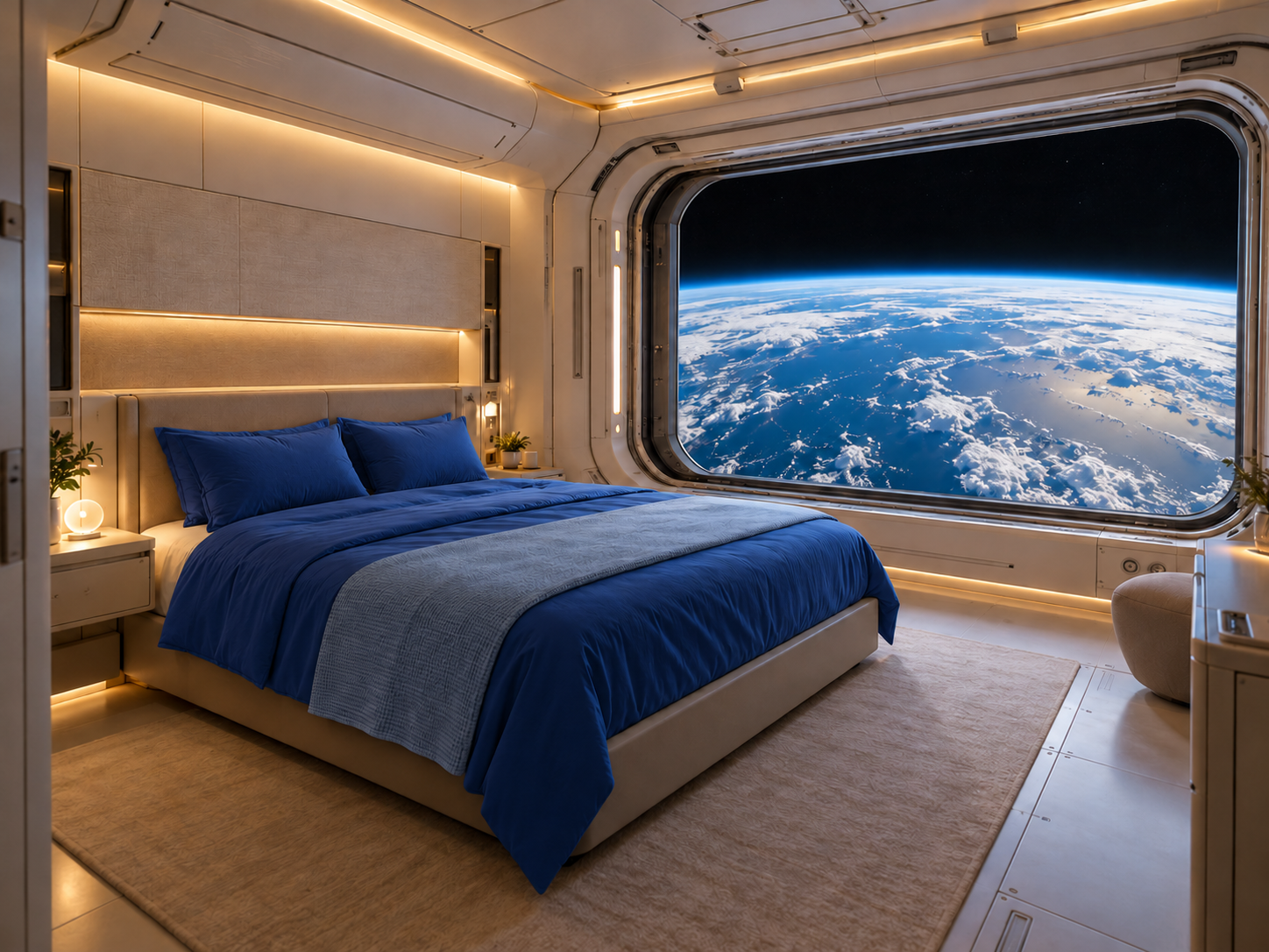 Chambre Room 2 avec literie bleu profond et vue sur la Terre — illustration