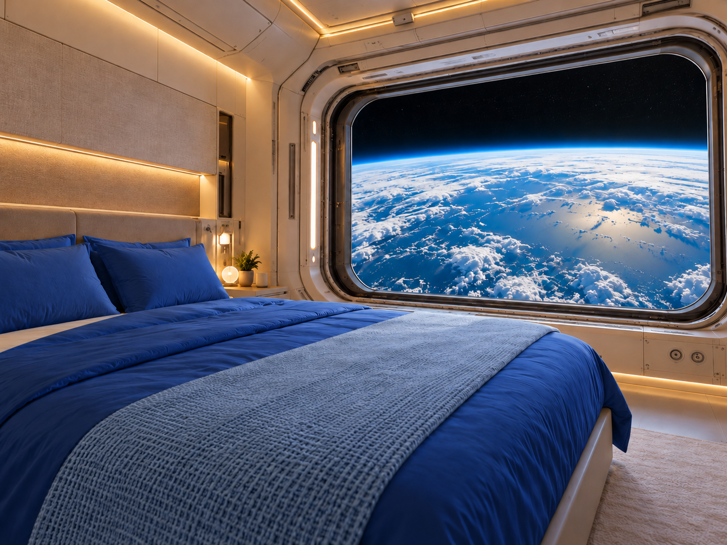 Chambre Room 2 avec literie bleu profond et vue sur la Terre — illustration